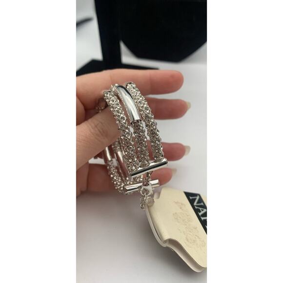 NWT NAPIER Sparkly Silver Tone 3 Row Layered Bangle Bracelet Adjustable Signed - Picture 4 of 6